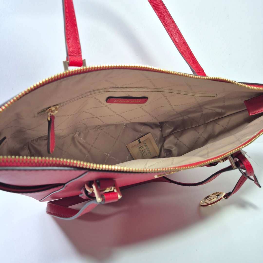 Large Saffiano Leather Top-Zip Tote Bag RED